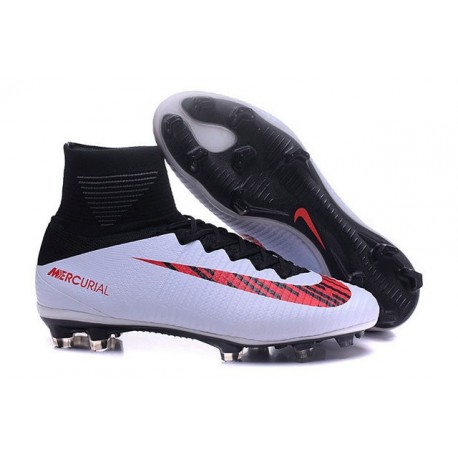 Nike Mercurial Superfly V FG High Top Firm Ground Shoes White Red Black