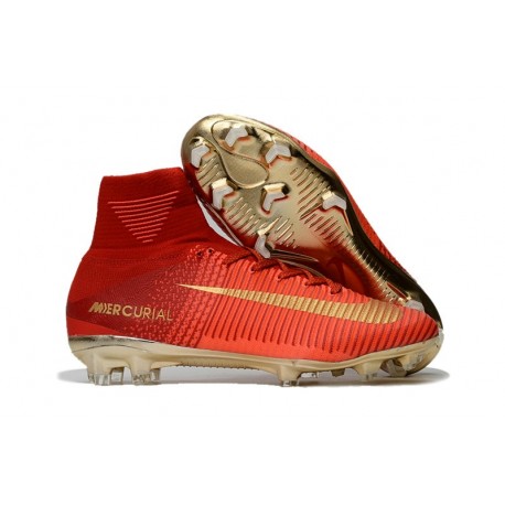 Nike Mercurial Superfly V CR7 FG Men High Top Boots Red Gold